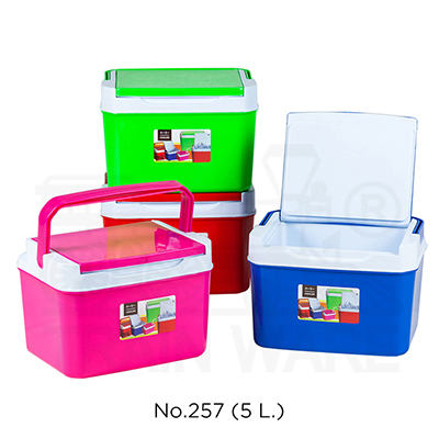 Wholesale 5L square insulated plastic coolers in red, blue, green, and pink, available in assorted colors at cheap bulk prices, featuring custom logo screen printing for premium promotional products in Thailand